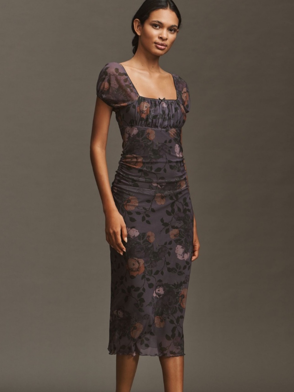 NWT: Purple Floral Puff Sleeve Square Neck Mesh MIDI Dress (XS) by Maeve